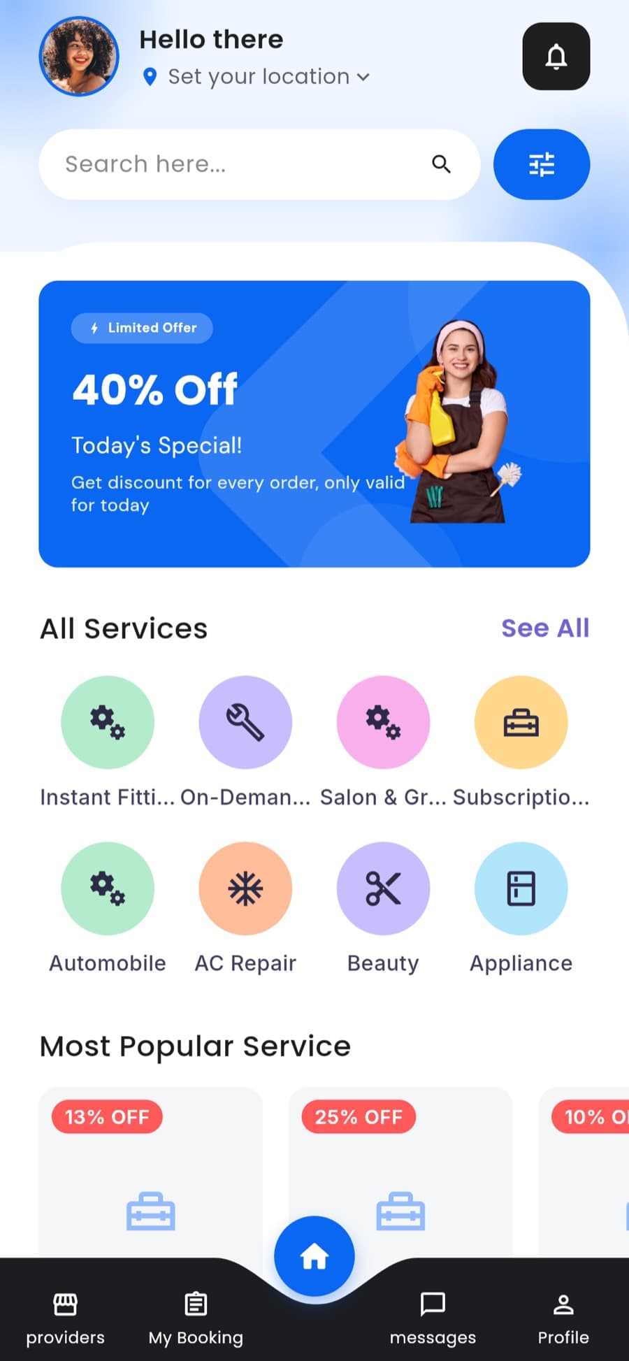 HireBuddy app — home screen